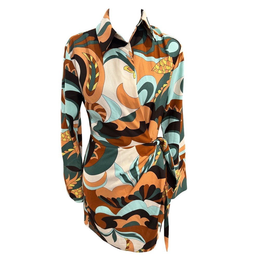 Mango Psychedelic Print Wrap Mini Shirt Dress Long Sleeve Retro Style Multi - Picture 2 of 10